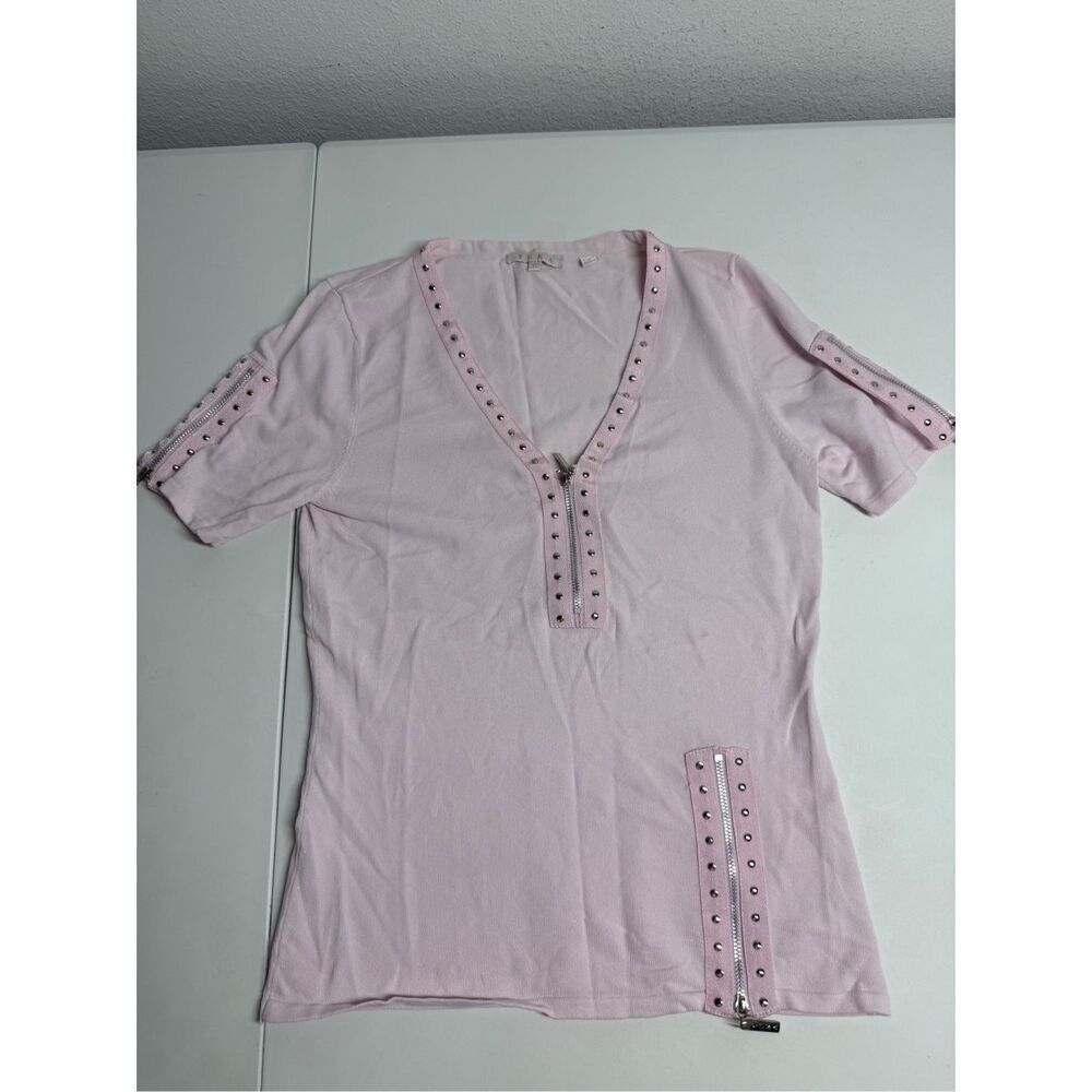 YUKA Women’s Bohemian Ribbed Top Zipper Trim Pink Silver Size T2 EU/ S US